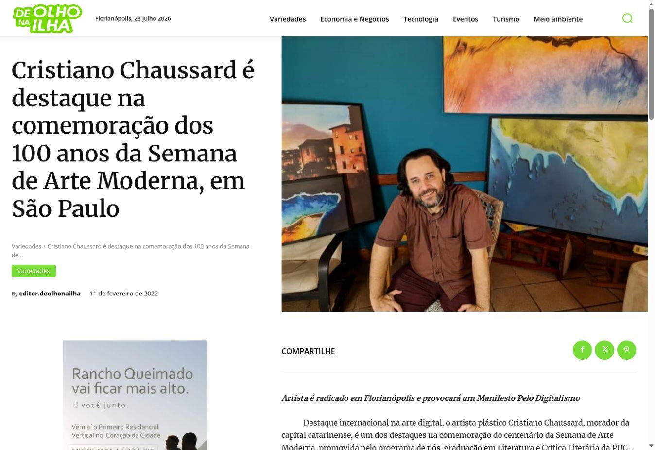 De Olho na Ilha — Cristiano Chaussard featured in the celebration of the centenary of Modern Art Week